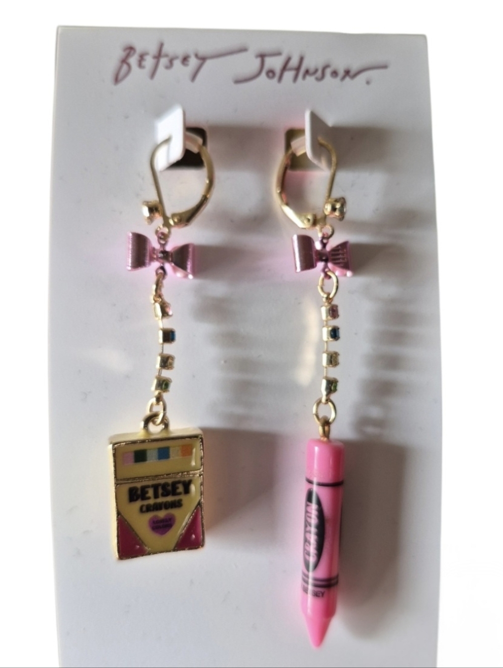 Betsey Johnson Back to School Mismatch Drop Earrings "Betsey Crayons" box - Picture 2 of 4